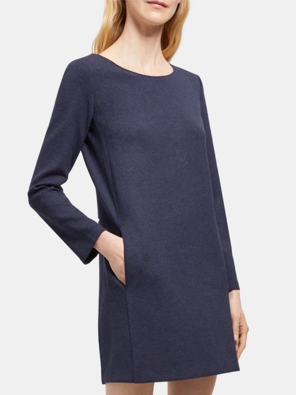 Theory Long Sleeve Double Knit Jersey Mini Dress w/ Pockets, Navy Blue – Small